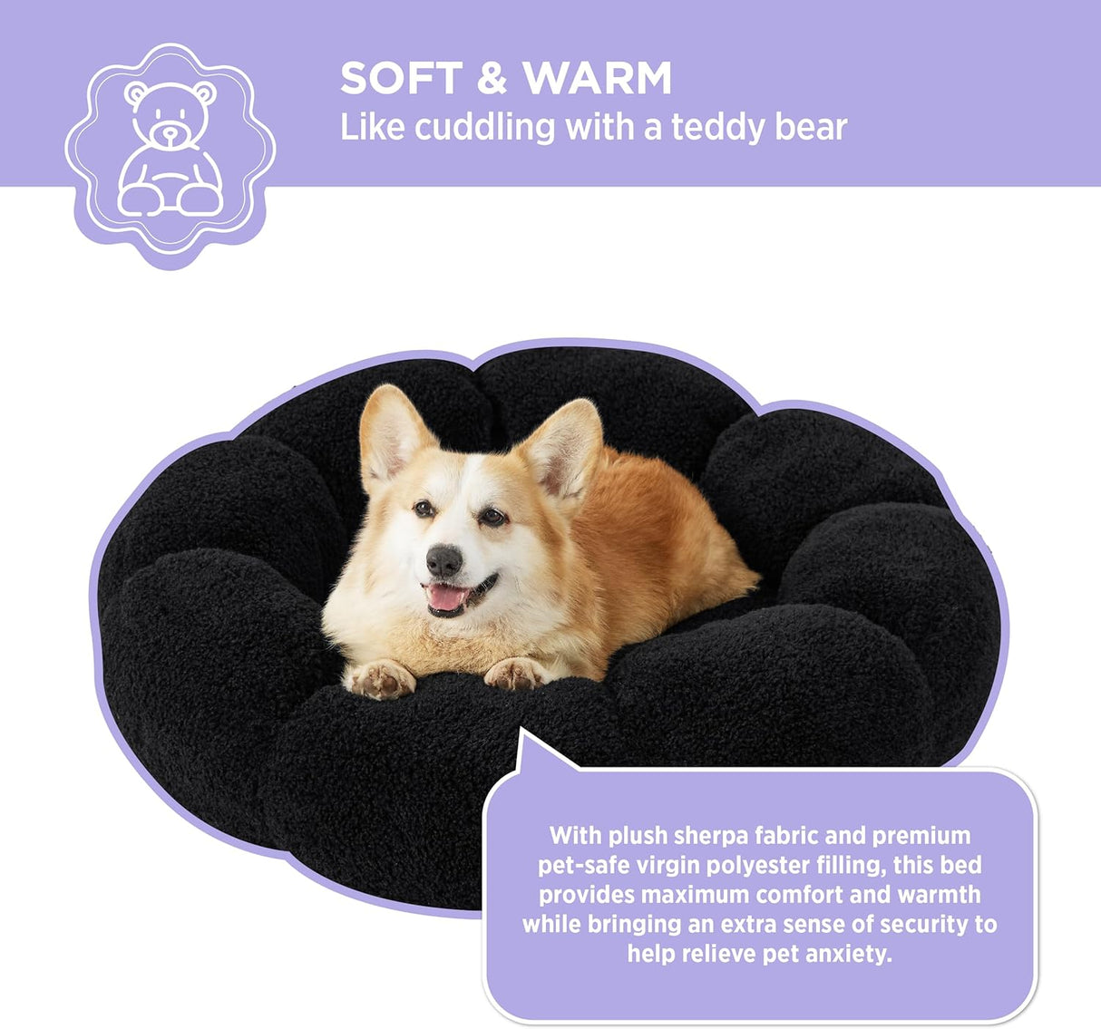 Cama grande calmante para perros de dona de flores en sherpa