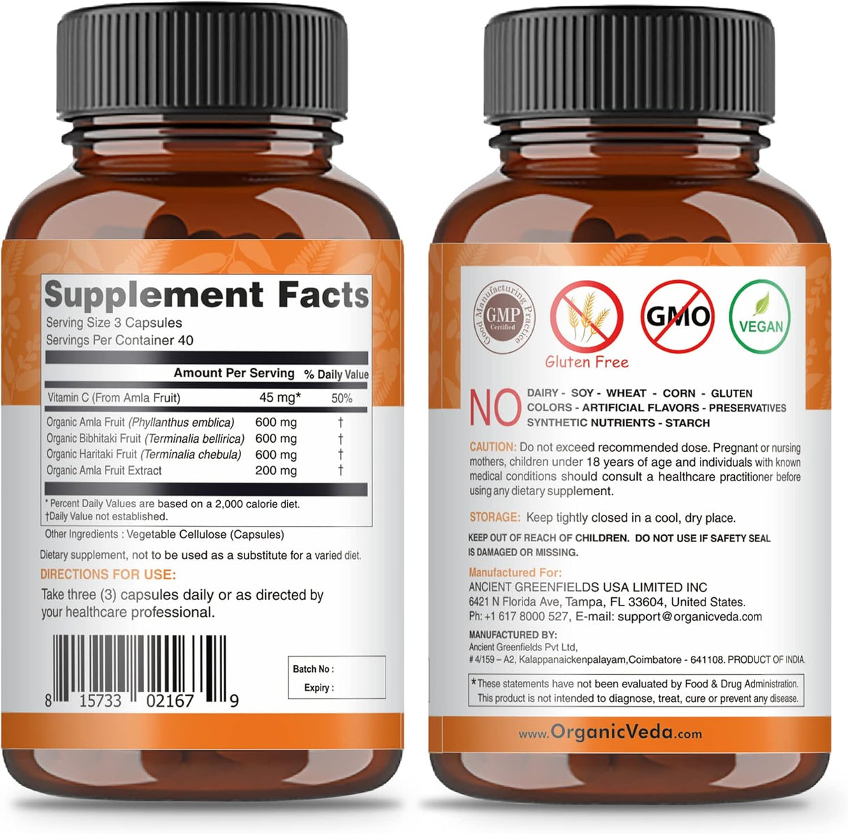 Suplemento Organic Veda Triphala Cápsulas limpieza de colon