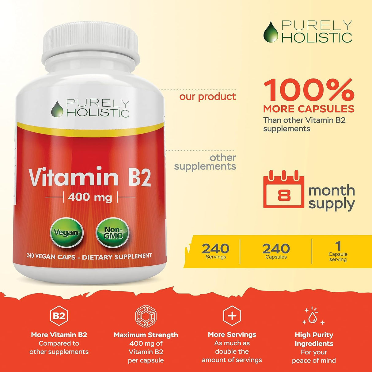 Vitamin B2 Holístico Purely, 400mg, 240 cápsulas veganas