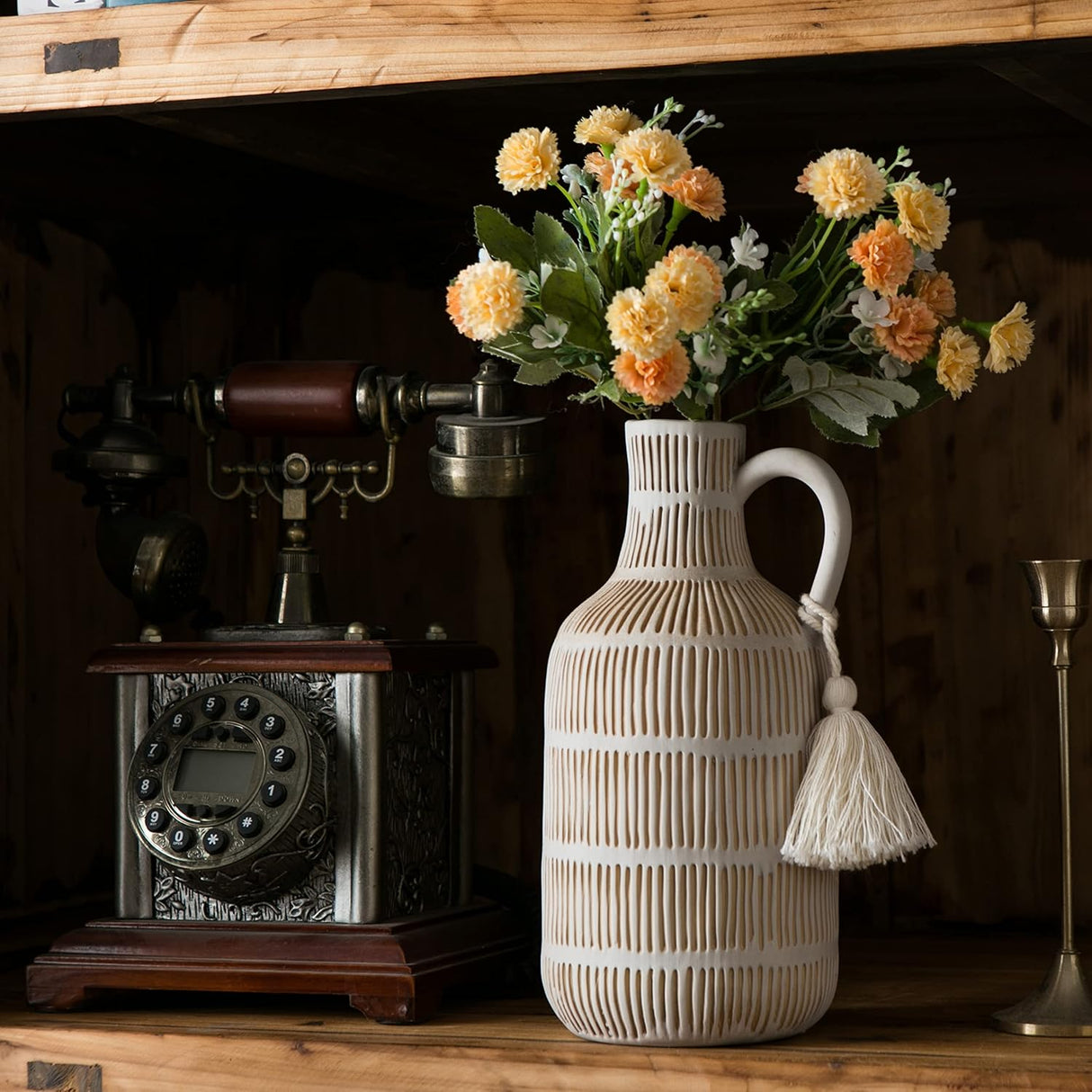 Vaso de Cerámica con Asa y Borlas - Decoración Rústica 10