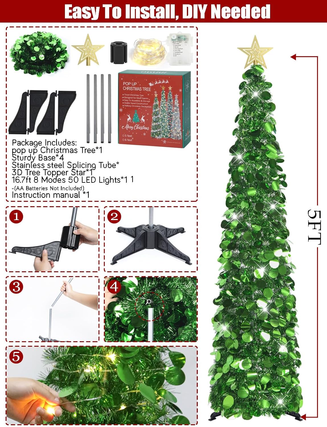 Árbol de Navidad Pop-Up 5 FT con luces y temporizador