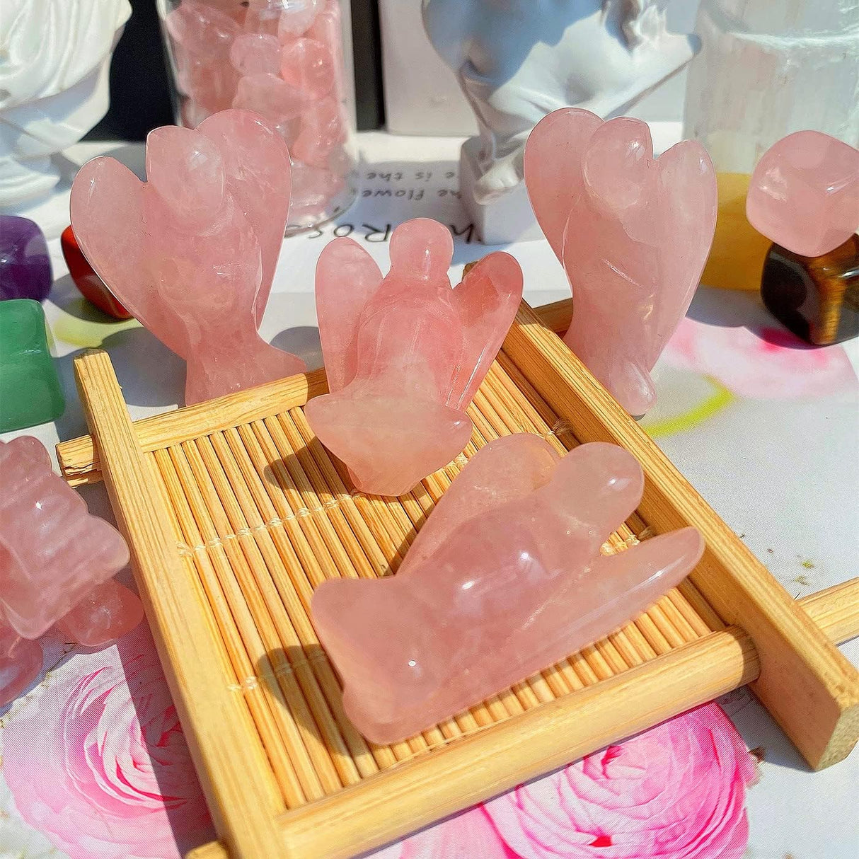 Cristales de ángel de cuarzo rosa, piedras curativas estatua