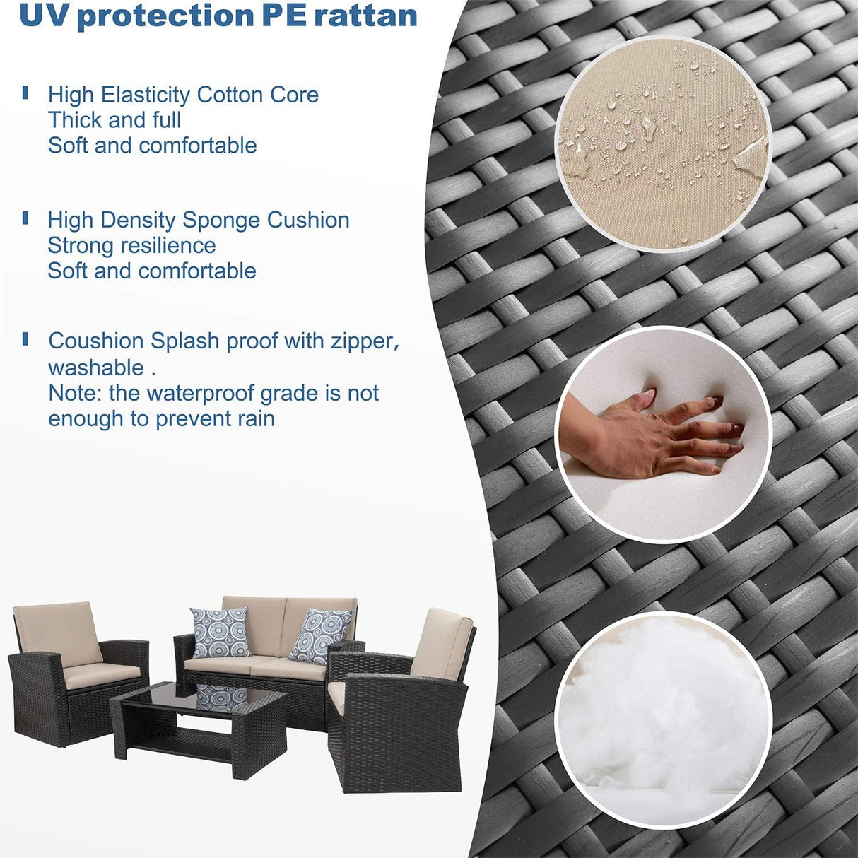 Shintenchi Juego de muebles de patio al aire libre de 4 piezas, sofá seccional de ratán de mimbre con mesa de centro de cristal | Negro