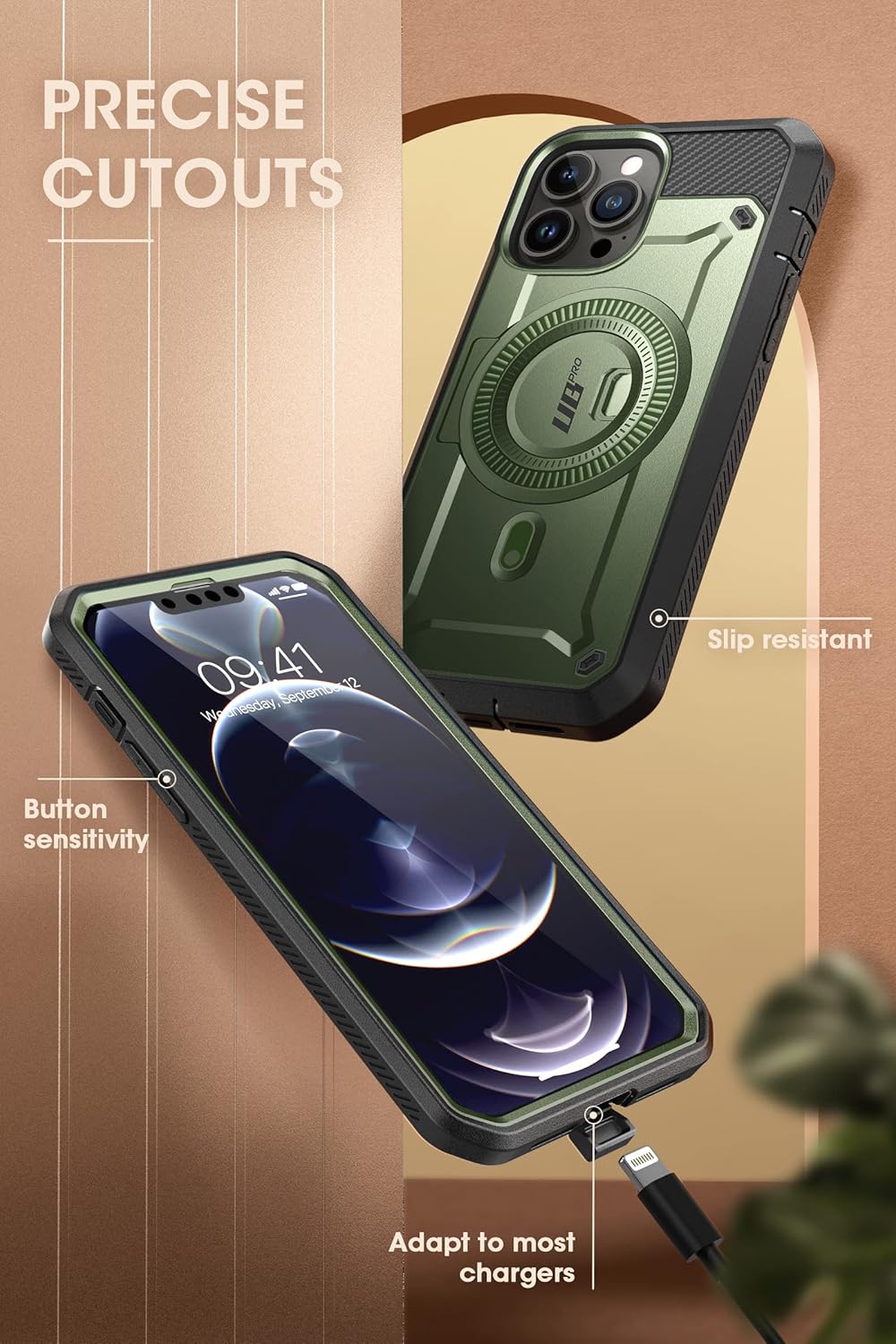 SUPCASE Unicorn Beetle Pro Mag - Funda para iPhone 13 Pro Max (versión 2021) de 6.7 pulgadas, compatible con MagSafe de cuerpo completo con protector de pantalla integrado y soporte (Guldan)