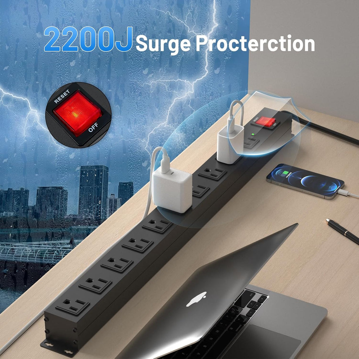 KF Regleta de alimentación de 10 tomas, protector de sobretensiones