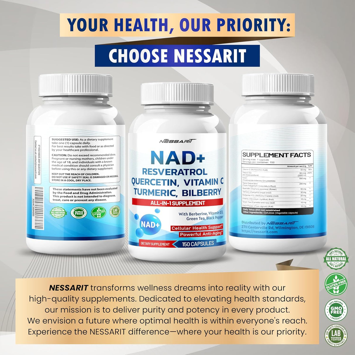 Suplemento NAD+ Resveratrol 10 en 1 - 150 cápsulas USA