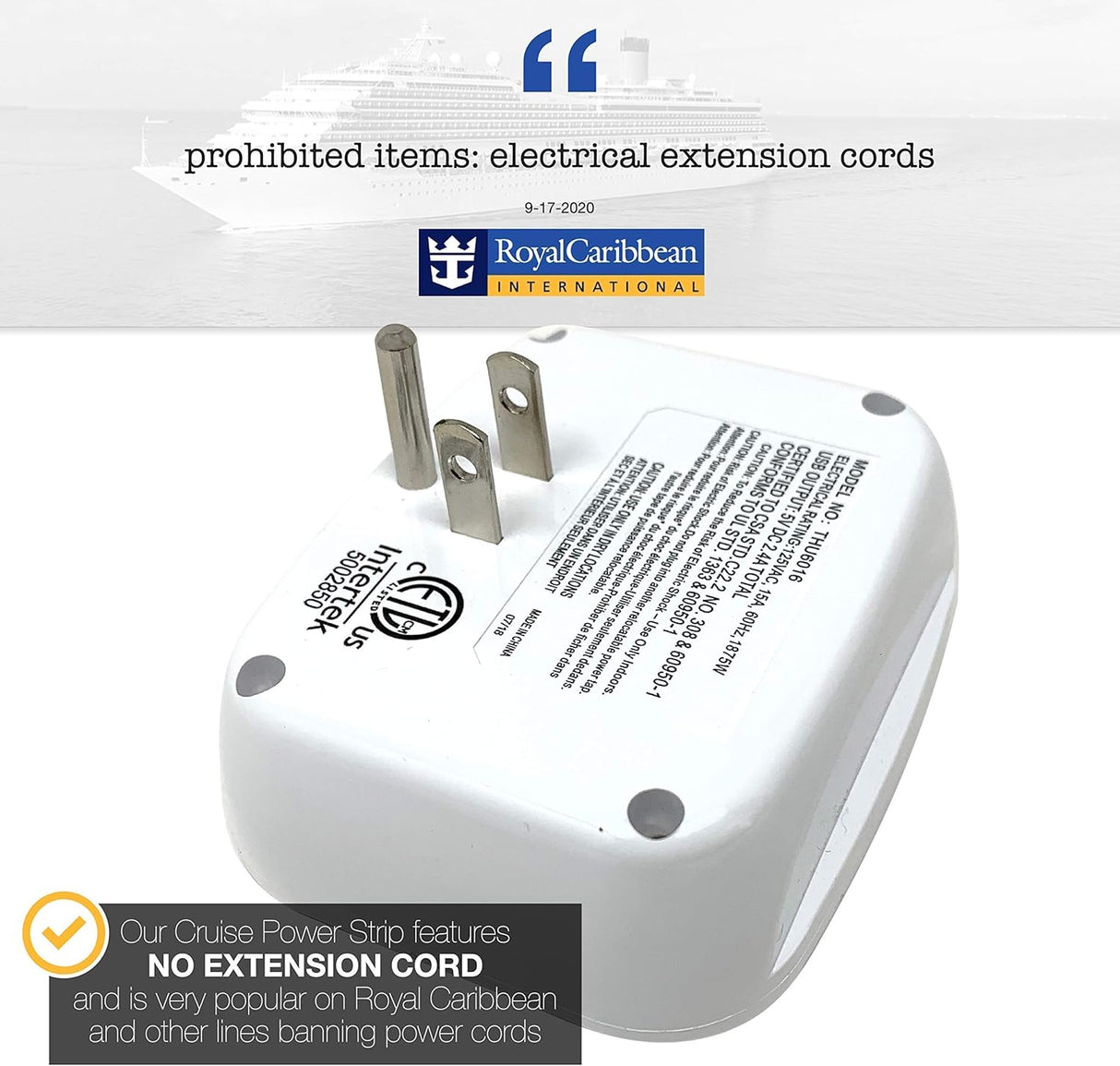 Regleta de alimentación de crucero sin protector de sobretensiones con salidas USB, aprobada por el barco (sin protección contra sobretensiones), esenciales para crucero en 2023, 2024 y 2025