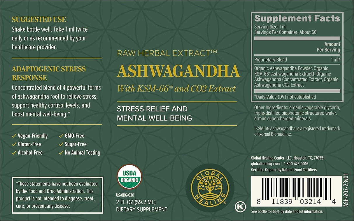 Gotas Orgánicas de Ashwagandha - Global Healing, KSM-66, 2 Fl Oz
