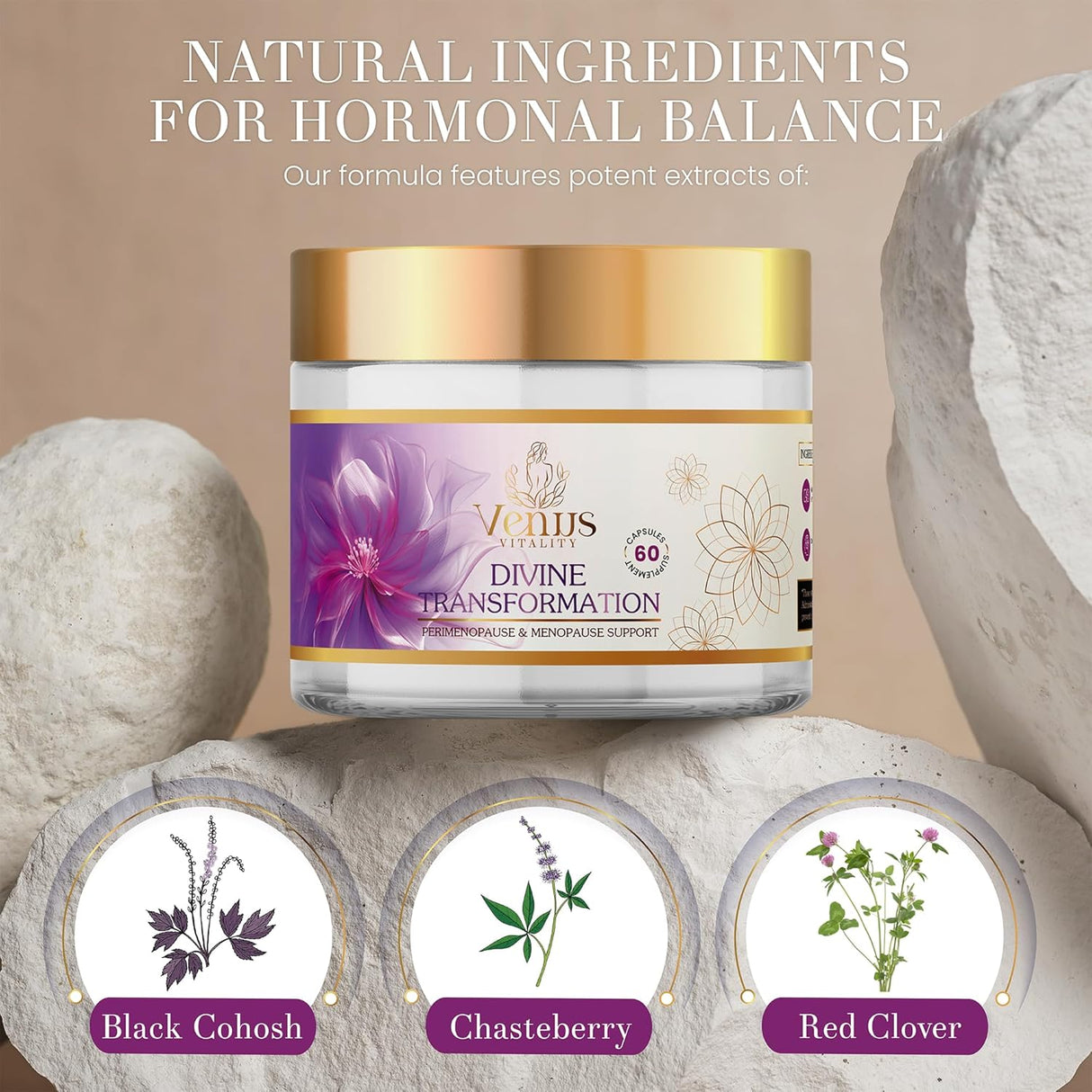 Suplemento de equilibrio hormonal con Black Cohosh, Maca y Basil para menopausia