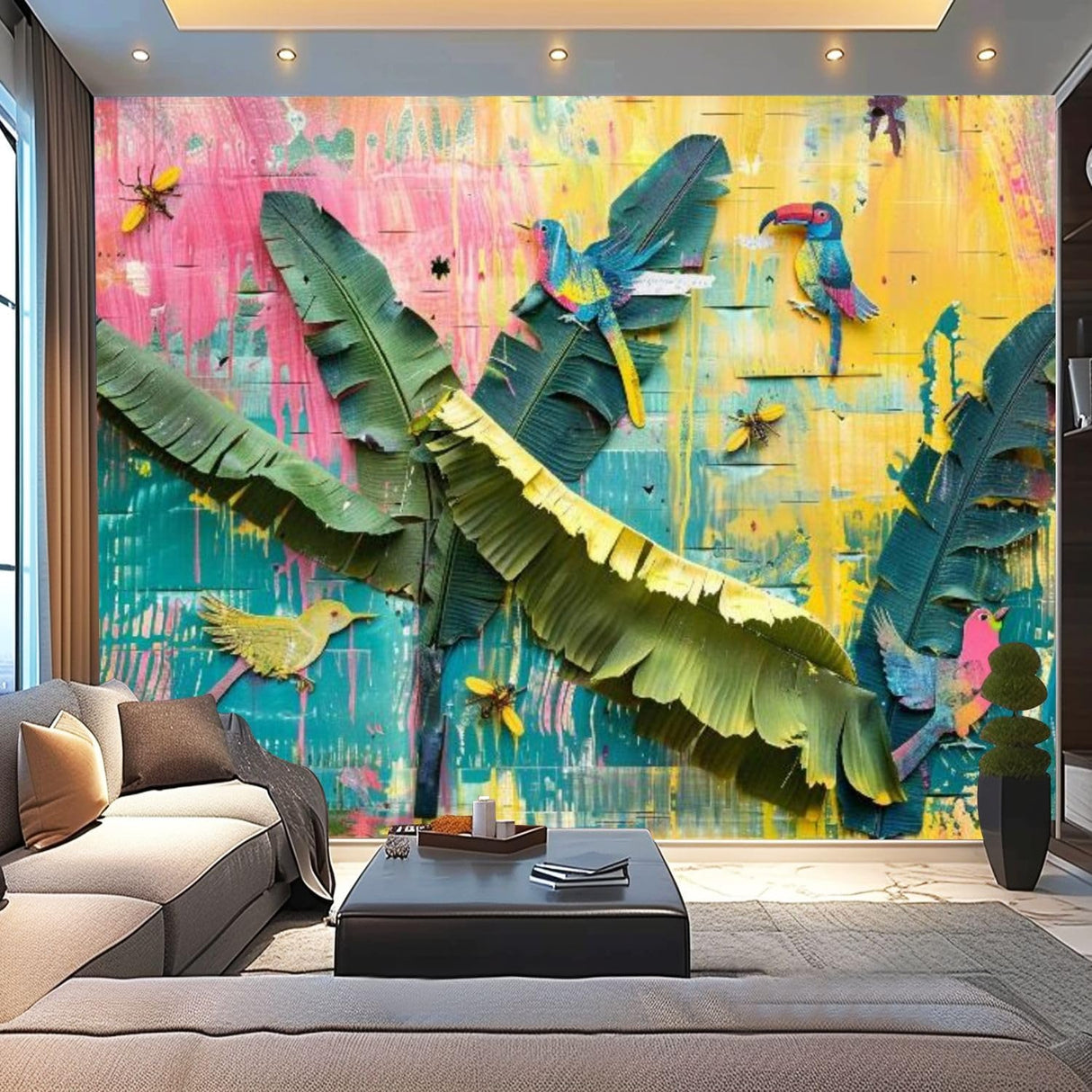 Mural de Pared 3D Tropical, Autoadhesivo, Banana Leaves