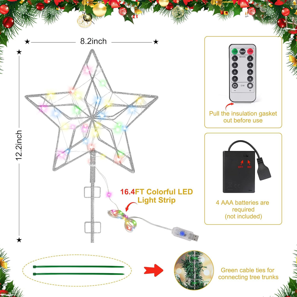 Estrella Decorativa para Árbol de Navidad, 50 Luces, Metal
