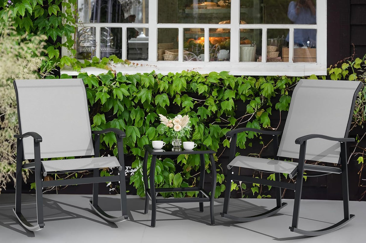 Vongrasig Juego de 3 piezas de muebles de patio pequeños de tela textileno, juego de muebles de patio pequeños, juego de conversación con mesa de vidrio para césped, jardín, balcón, piscina (gris claro)