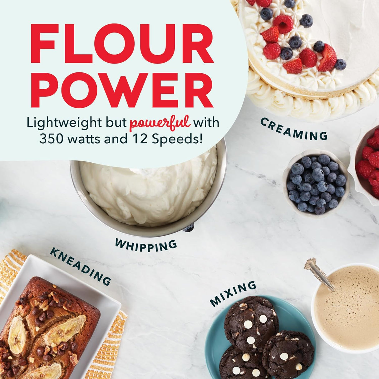 Batidora de pie 3.5qt DASH, 12 velocidades, accesorios incluidos