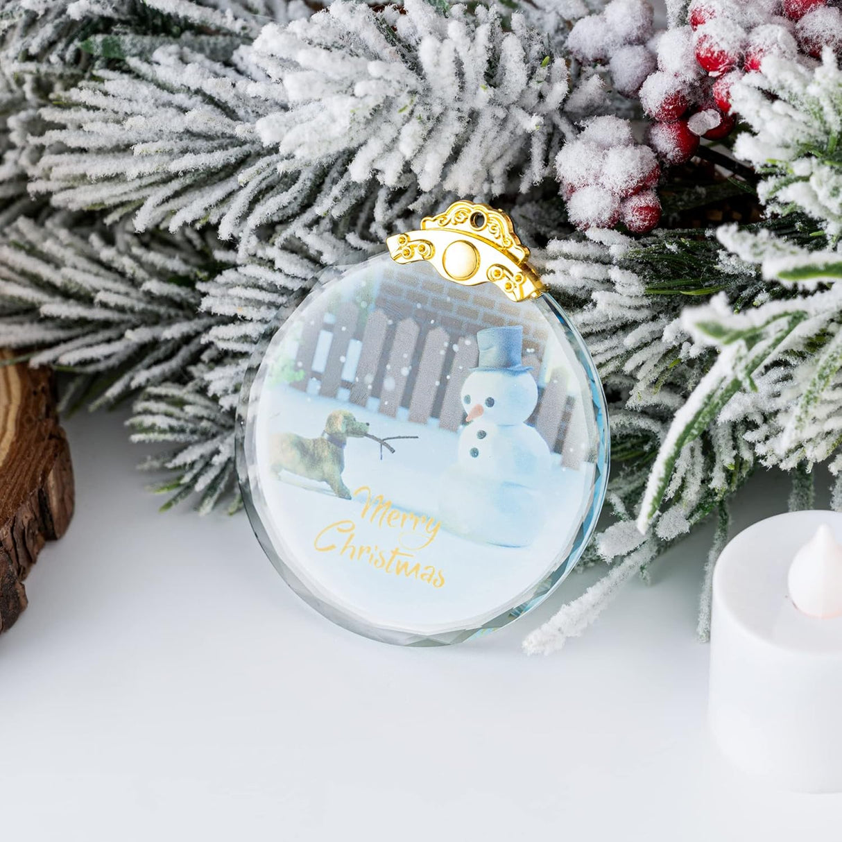 Adorno colgante de Navidad perro y muñeco de nieve