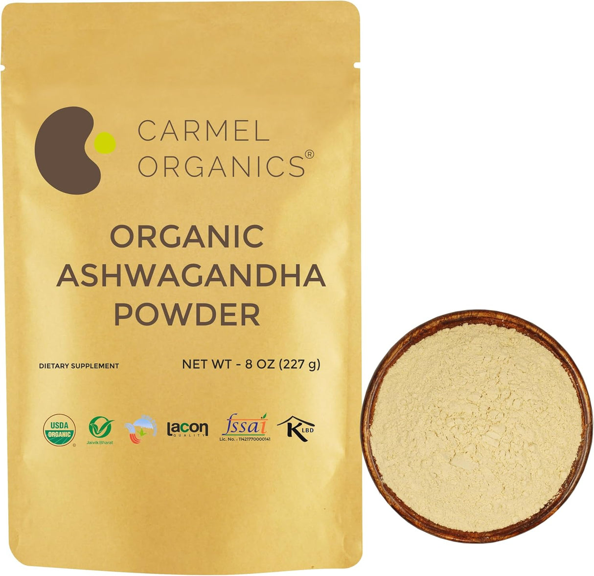 CARMEL ORGANICS Polvo de Raíz de Ashwagandha 227g Orgánico