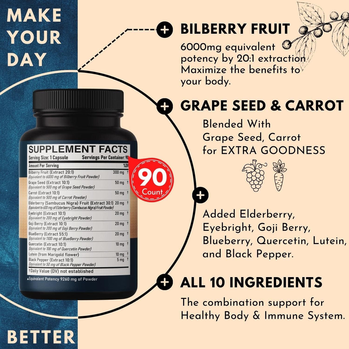 Suplemento de extracto de arándano 10 en 1 para ojos 90 cáp