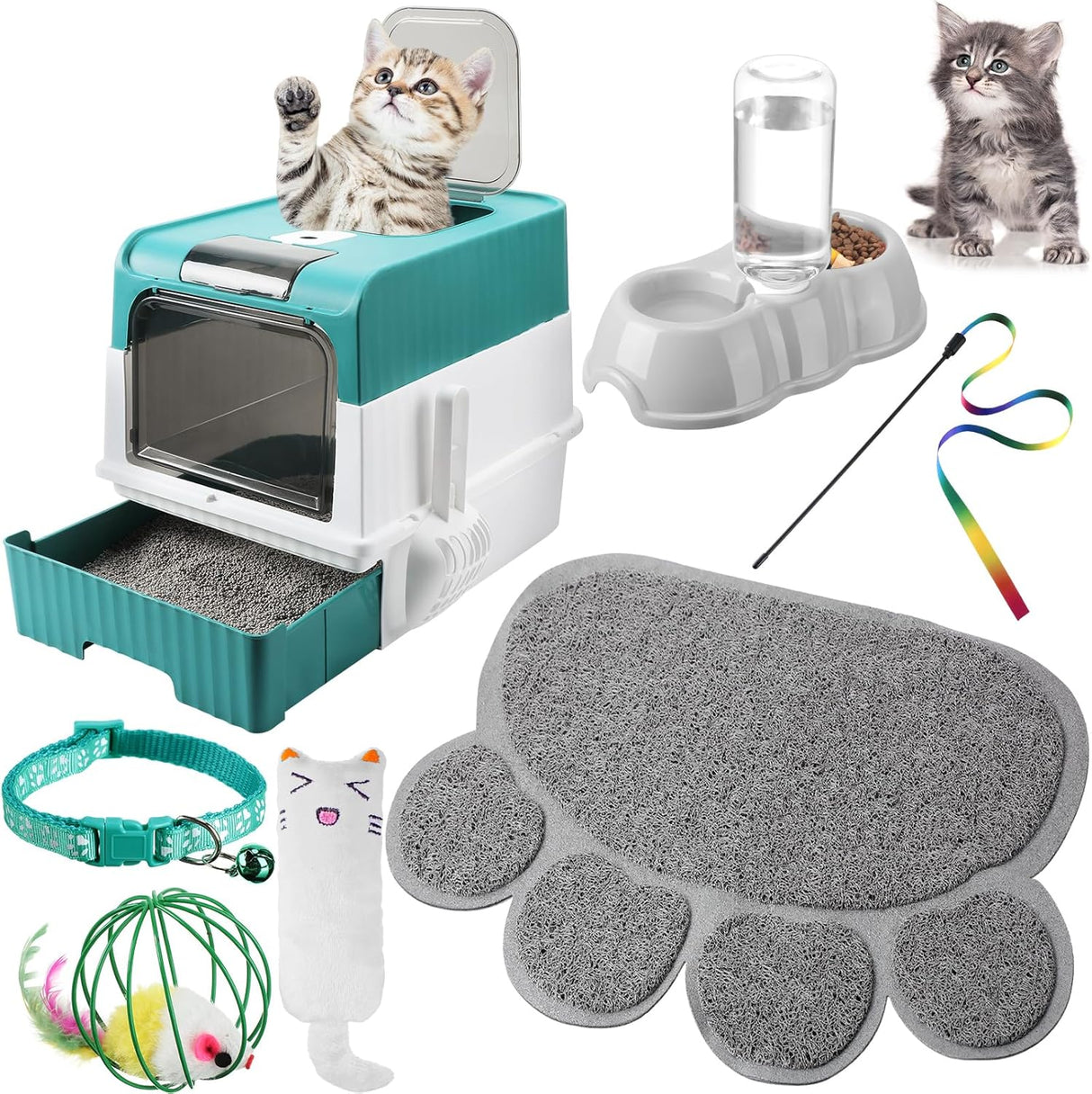 Kit de arenero con alfombrilla para gatos color verde Tioncy