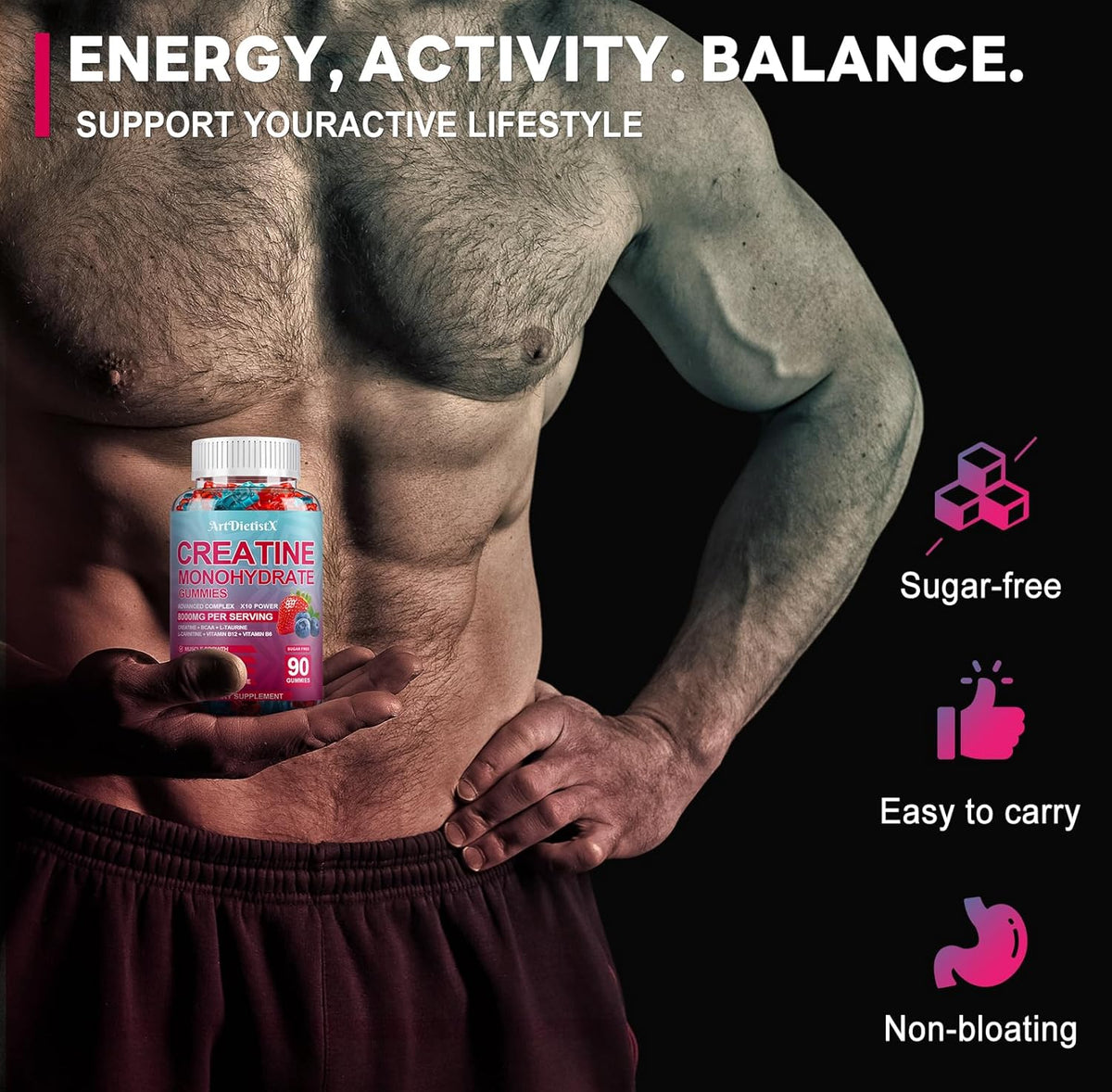 Creatina Monohidrato Gummies con BCAA, L-Carnitina y B12, 90u