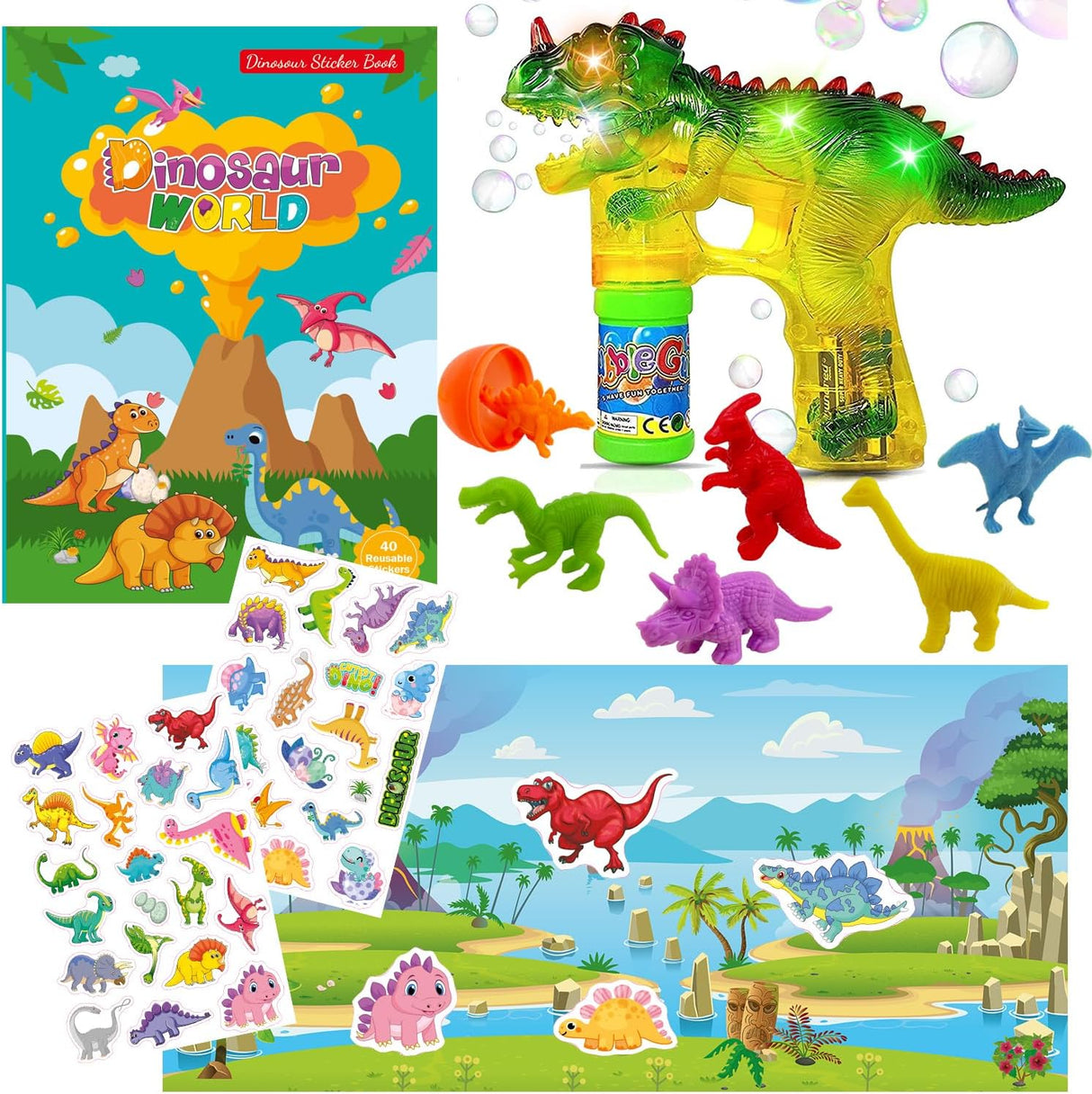 Set de Juguetes de Dinosaurios, Incluye Pistola de Burbujas y Figuras
