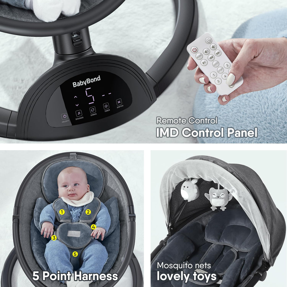 BabyBond Columpios de bebé para bebés, columpio infantil Bluetooth con altavoz de música con 3 posiciones de asiento, cinturón de arnés de 5 puntos, 5 velocidades y control remoto, columpio portátil