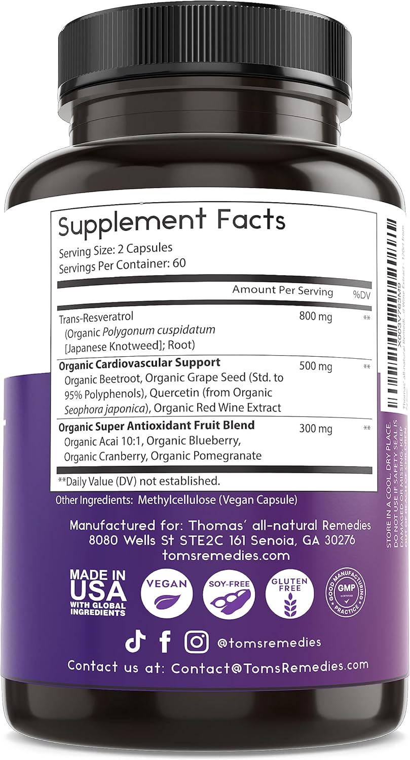 Suplemento Remedies Resveratrol 1600mg antioxidante orgánico