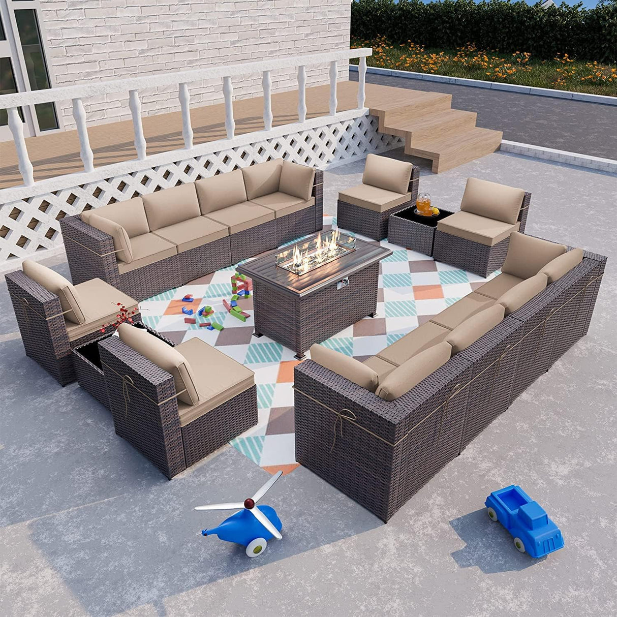 ALAULM Juego de 15 muebles de patio para exteriores con mesa para fogata de propano, sofás seccionales para exteriores, muebles de patio, fogata de gas de 43 pulgadas, juego de conversación de ratán de polietileno marrón con 12 cojines, arena