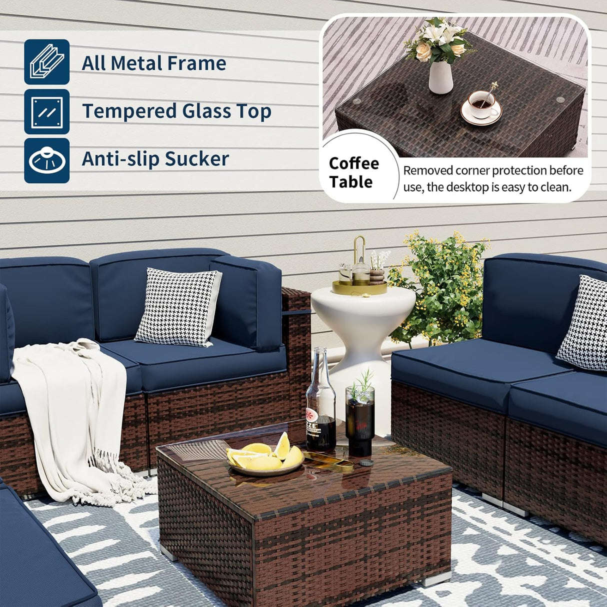 UDPATIO Juego de muebles de patio, muebles modulares de ratán para exteriores, juego de muebles seccionales de mimbre para patio trasero, cubierta, junto a la piscina con mesa de centro de cristal, 7 piezas, azul (incluye funda de sofá)