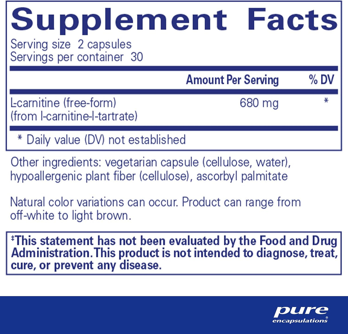 L-Carnitina Pura Encapsulations Suplemento Cardiovascular 60 cápsulas