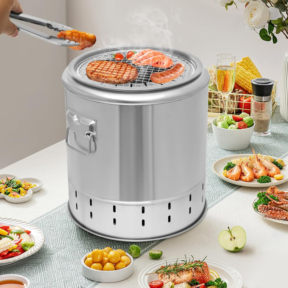Parrilla portátil sin humo, acero inoxidable, 20 pinchos, 10.2