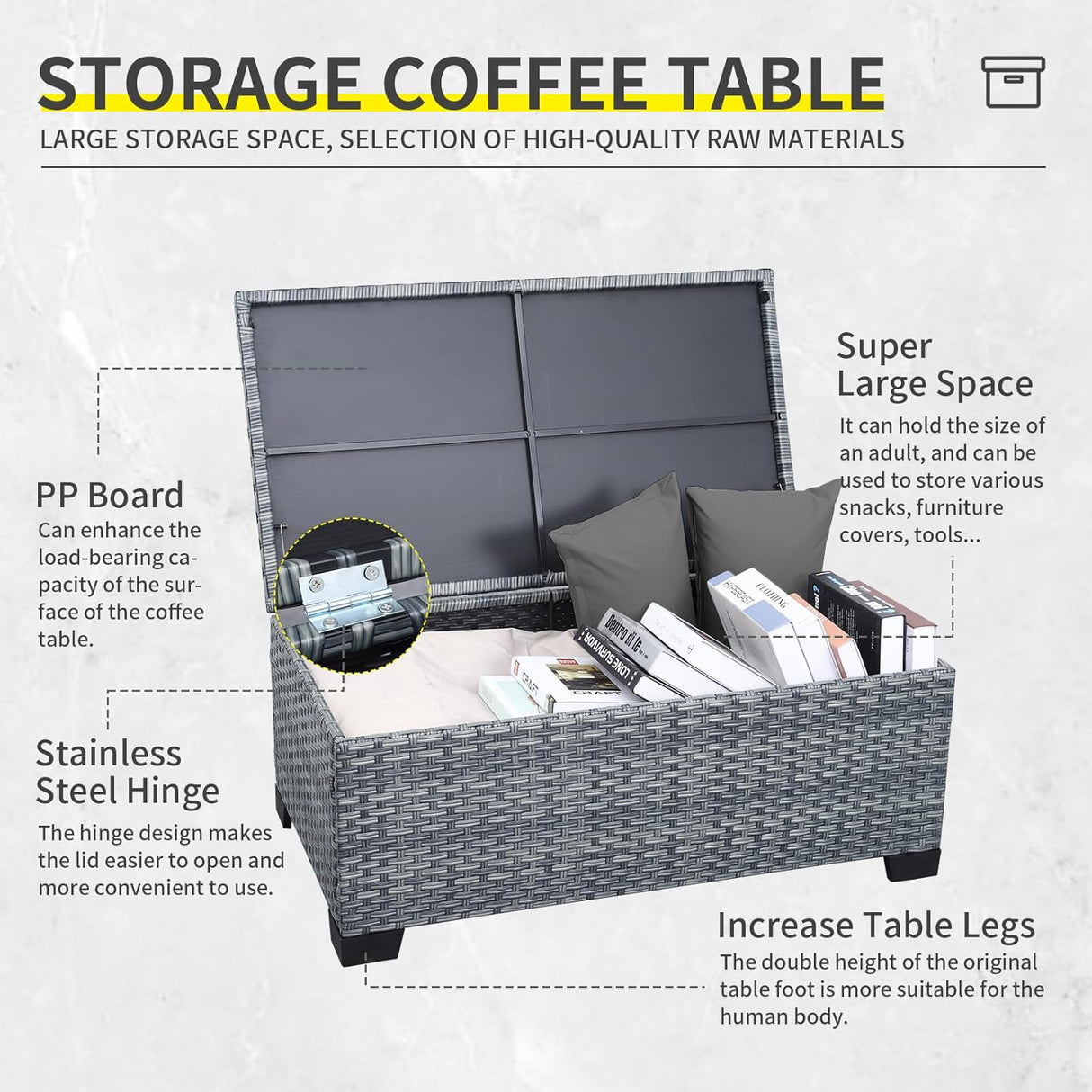 Lviden Juego de muebles de mimbre para patio de 4 piezas, juego de conversación al aire libre, sofá seccional de ratán PE con mesa de almacenamiento y cojines grises