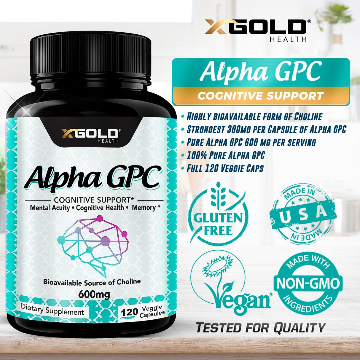 Suplemento de Colina Alpha GPC 600mg, Fuente Altamente Pura y Bioavailable