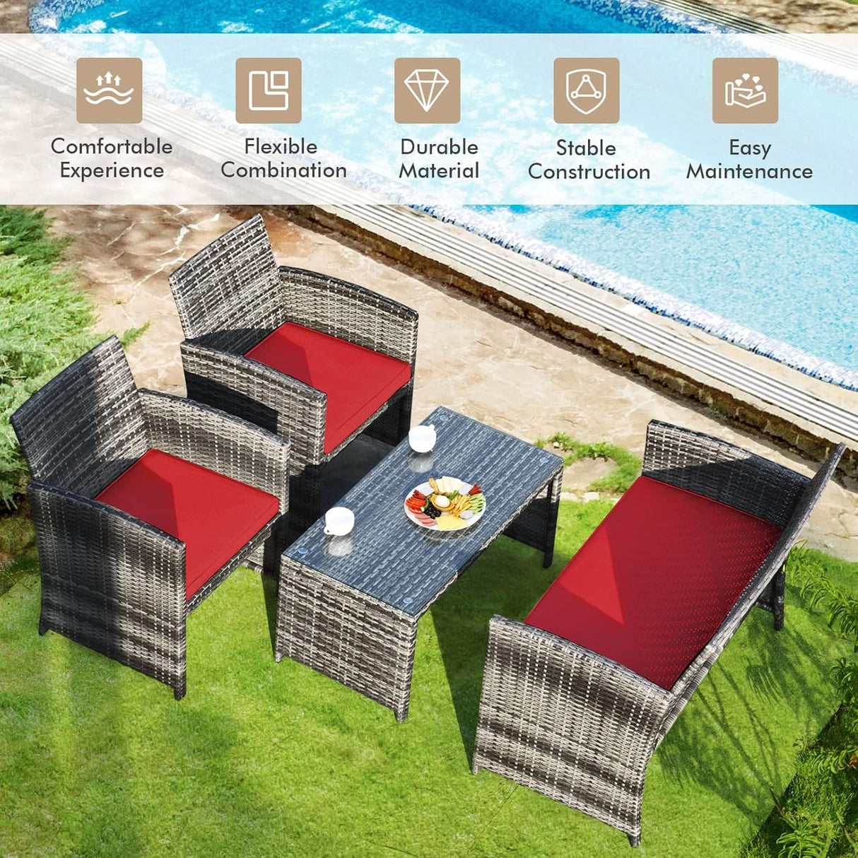 Goplus Juego de muebles de ratán de 4 piezas, sofá de conversación de mimbre para exteriores con cojines resistentes a la intemperie y mesa de vidrio templado para césped, patio, piscina, jardín (rojo)