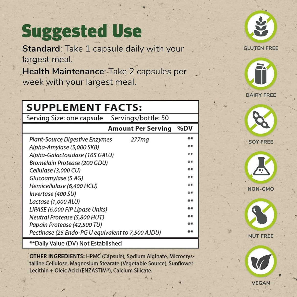 Suplementos 50 cápsulas Enzimas compatibles con probióticos