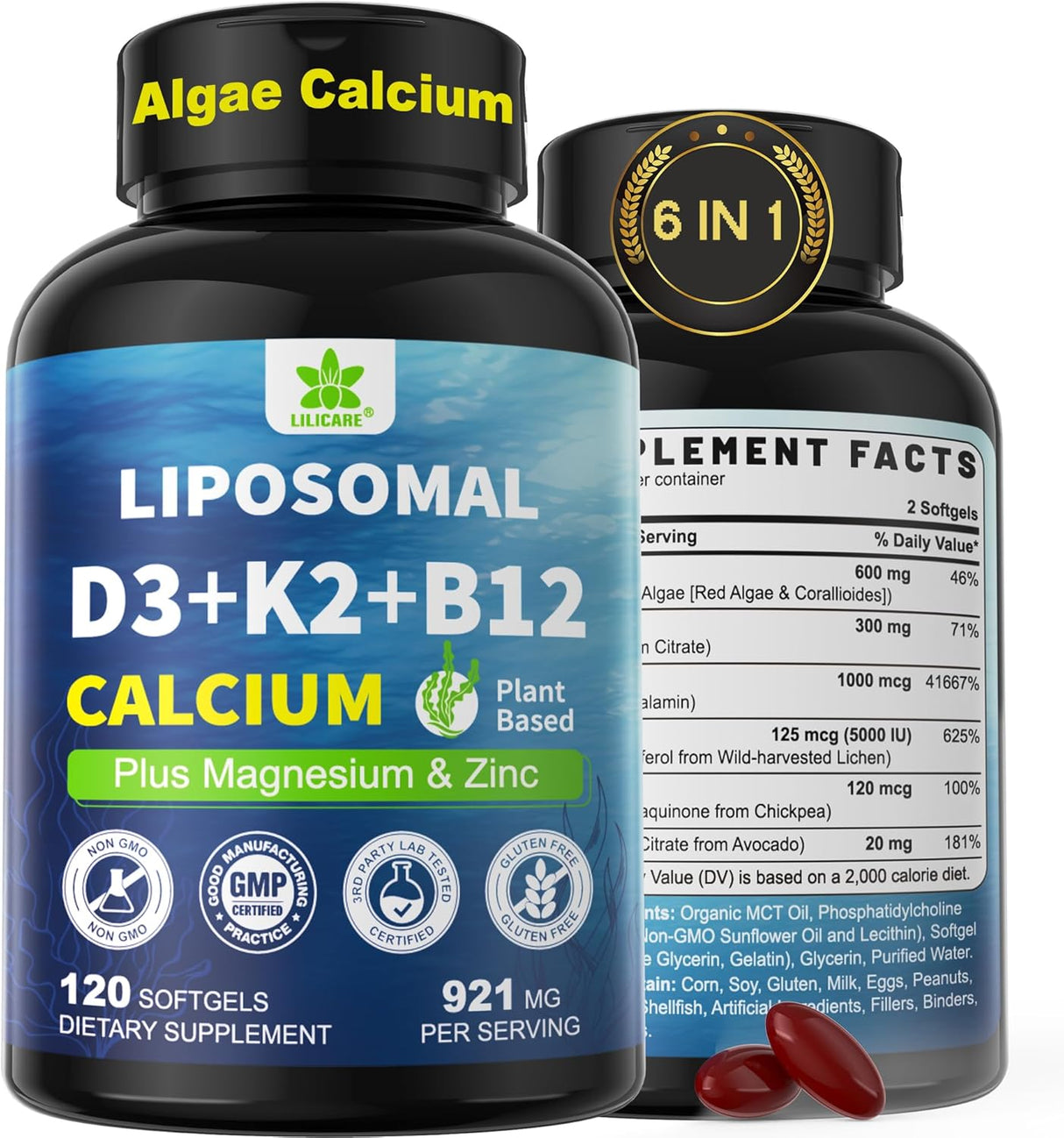 Suplemento de Calcio 6 en 1 - Vegano, 600mg, D3 K2, 1 Pack