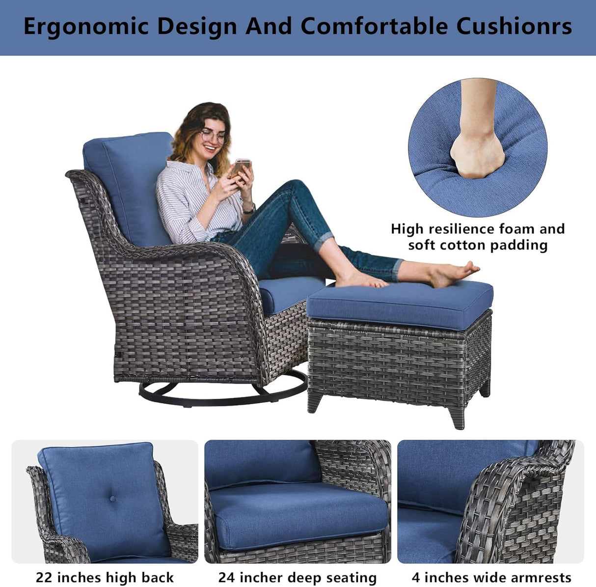 Belord Juego de muebles de patio al aire libre de 5 piezas, muebles de mimbre para conversación, sillas mecedoras giratorias para exteriores con sofá biplaza y 2 otomanas para espacios pequeños, cojín azul
