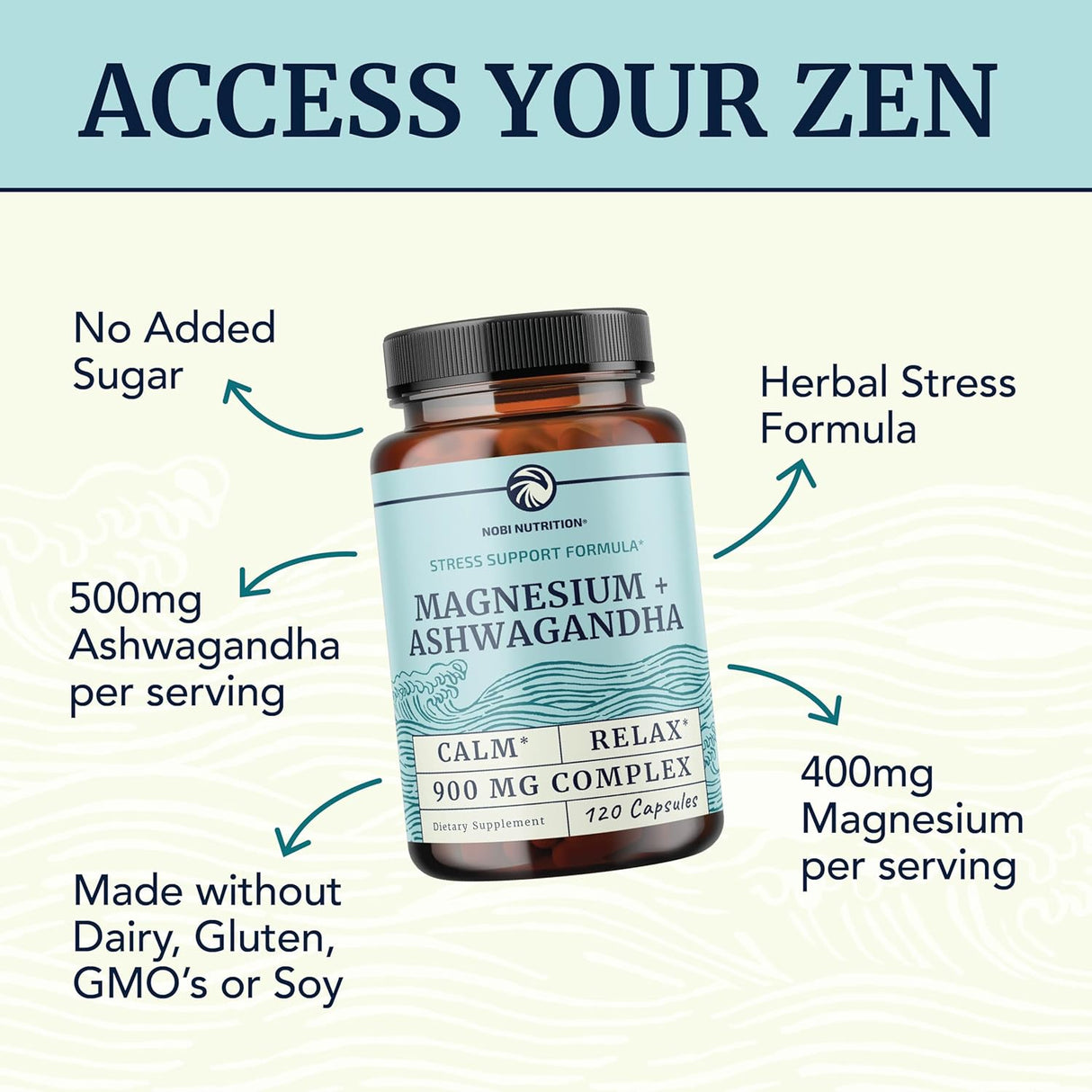 Suplemento de Magnesio Ashwagandha 400mg/500mg, 120 Ct