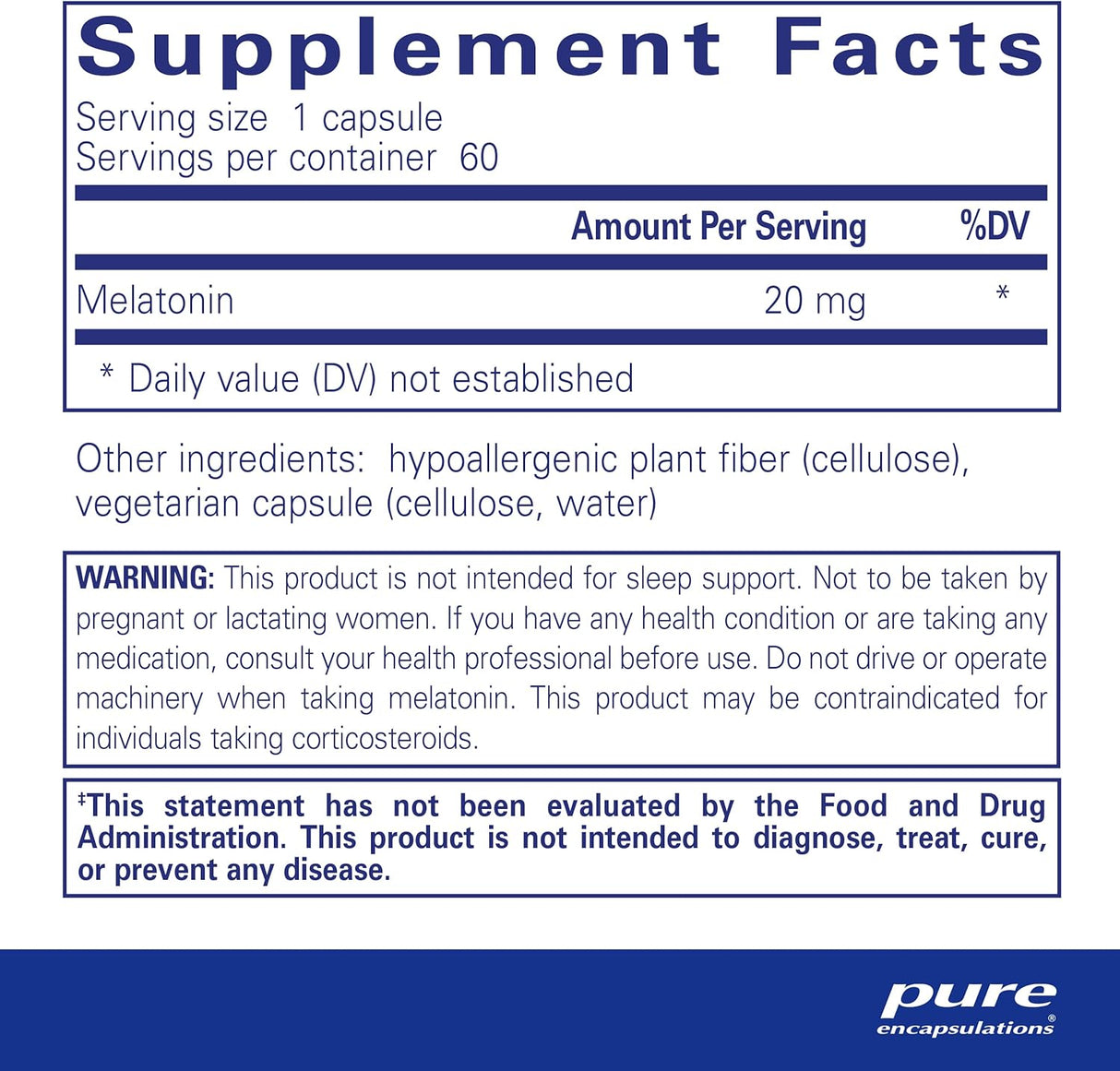 Melatonina Pure Encapsulations 20 mg, 99.5%, 60 Cápsulas