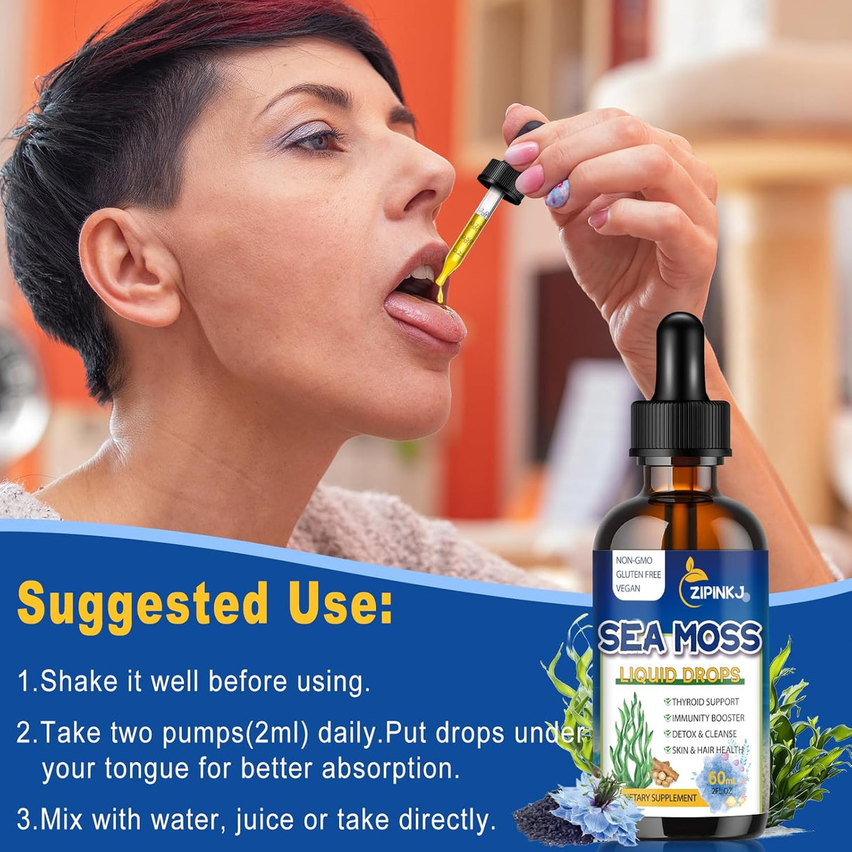 Sea Moss Drops, suplemento de gel líquido con aceite de semilla negra, 2 oz
