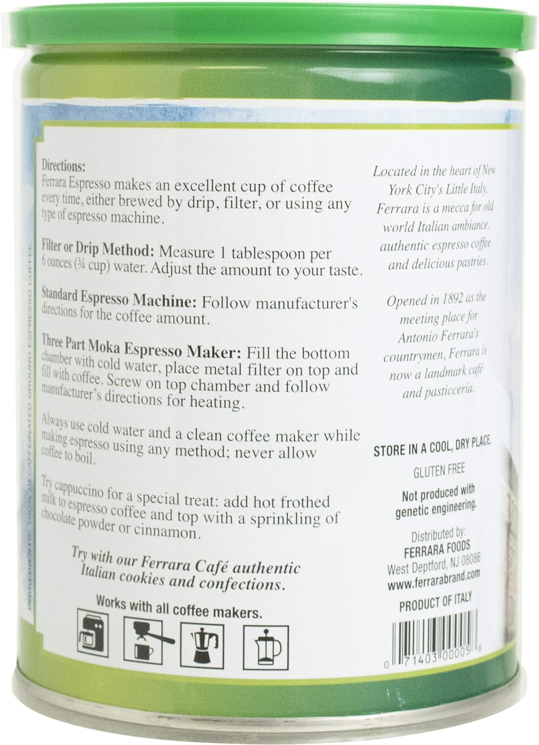 Café Espresso Descafeinado Ferrara, 8.75 oz, Pack de 4 Latas