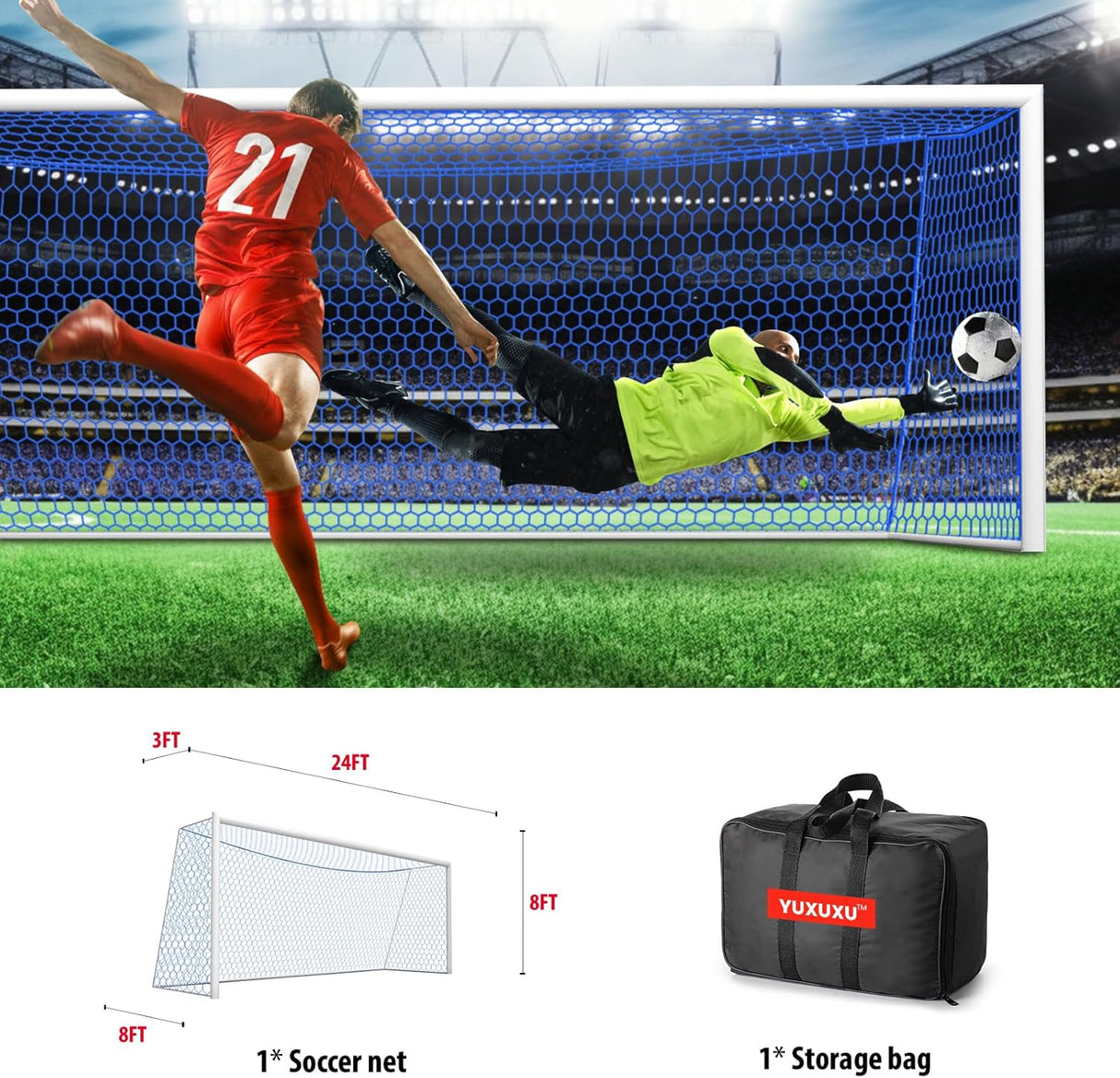 Red de Portería Profesional 24 x 8 pies, Hexagonal 4, Nailon