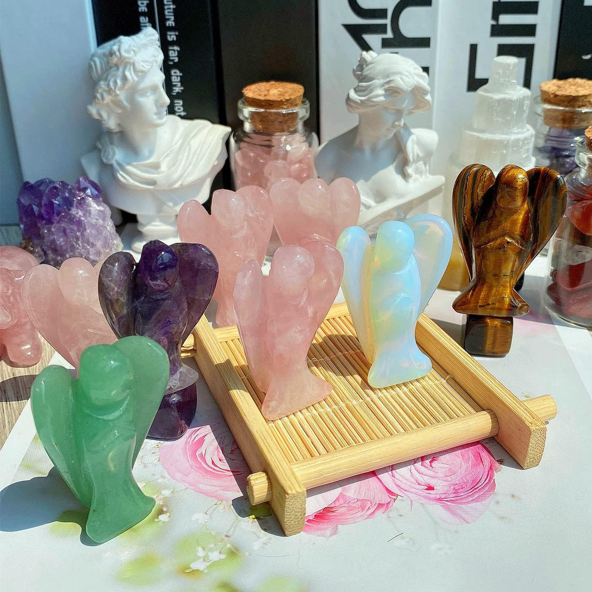 QINJIEJIE Cristales de ángel de obsidiana negra, decoración de ángel de la guarda de bolsillo curativo pulido, piedra preciosa tallada, estatua de ángel de la paz, regalo espiritual, protección para