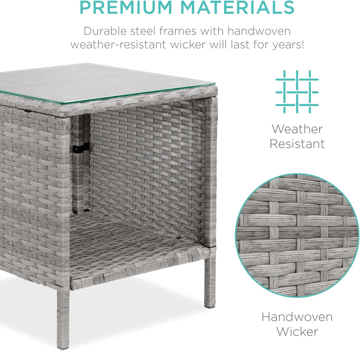 Best Choice Products Juego de 3 piezas de mimbre para exteriores, muebles de patio que ahorran espacio para patio, jardín con 2 sillas, 2 cojines, mesa de almacenamiento lateral, gris/azul marino