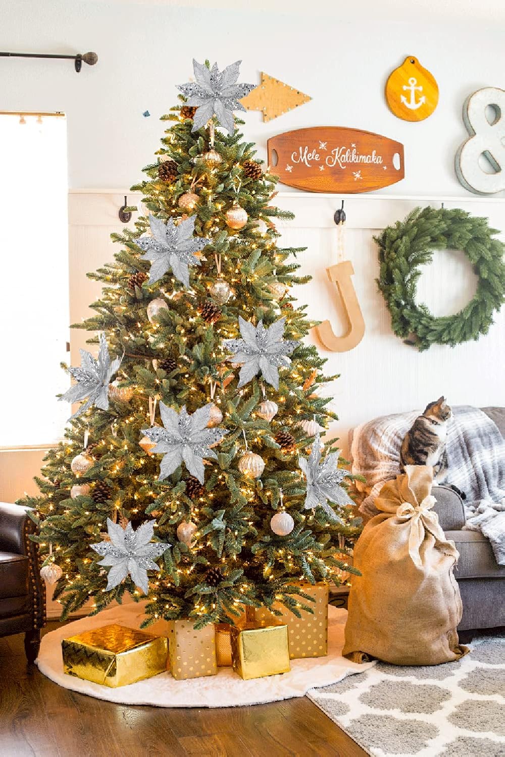 Flores Artificiales Briful 12'' Poinsettia para Decoración Navidad