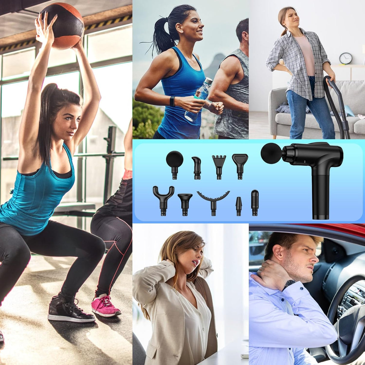 Masajeador profundo eléctrico, alta intensidad, 9 accesorios, modelo.