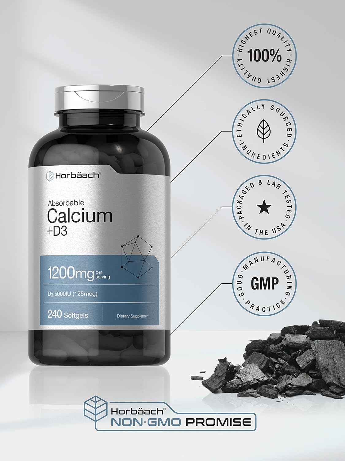 Calcio con vitamina D3 en cápsulas blandas sin OMG o gluten