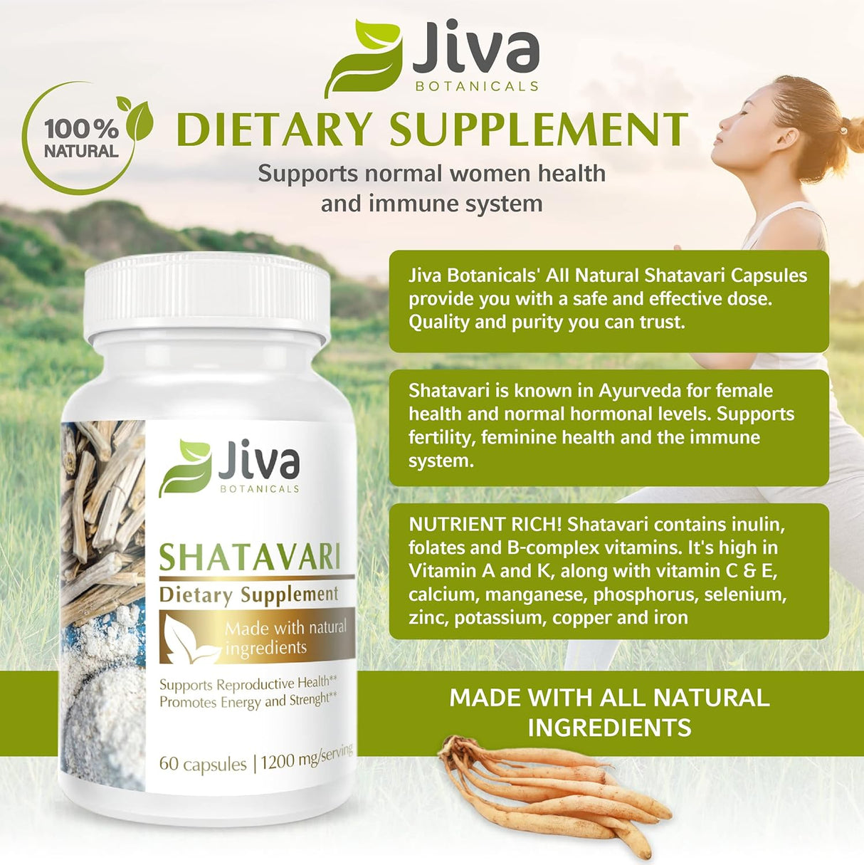 Suplemento polvo orgánicas Shatavari de 1200 mg 60 cáp