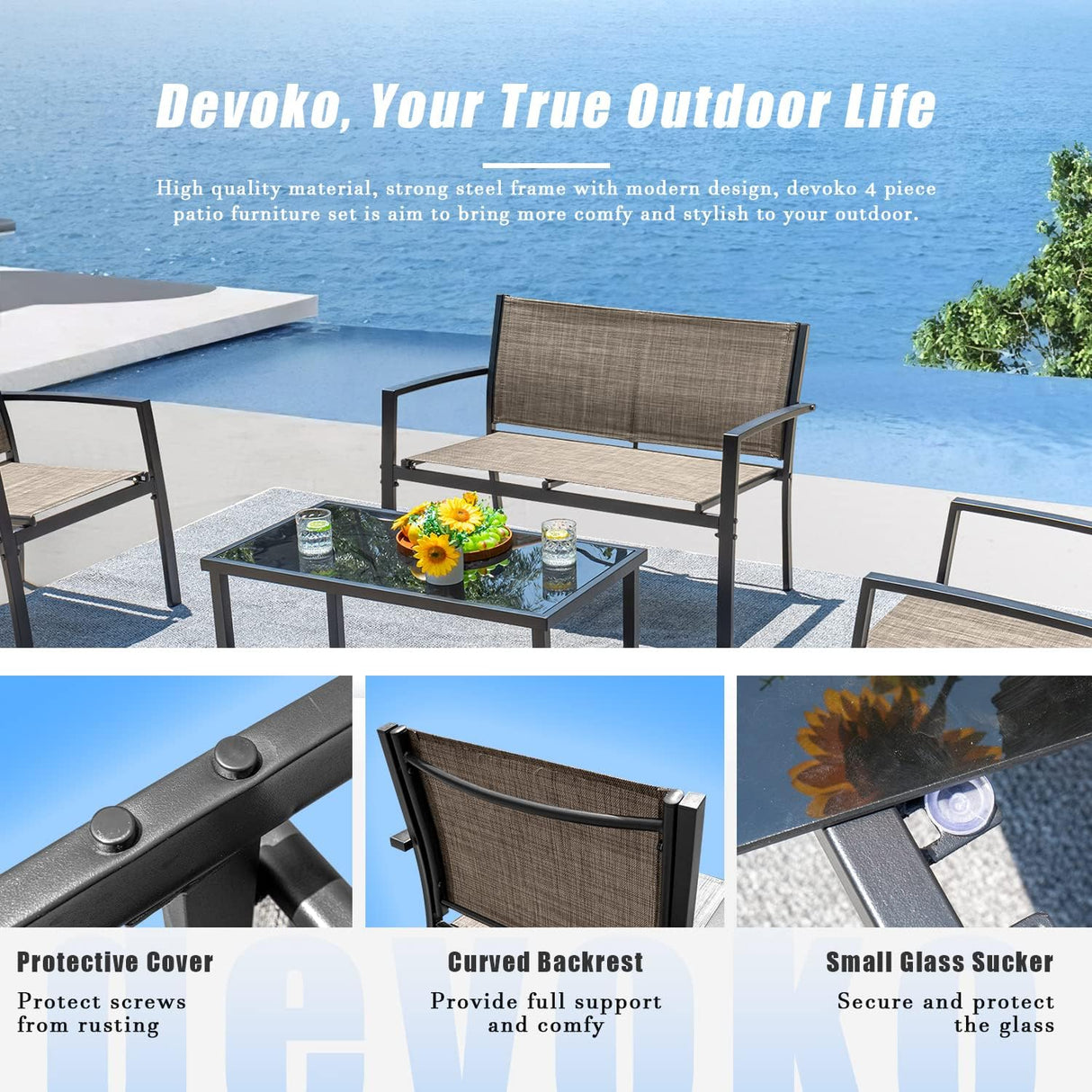 Devoko - Juego de 4 piezas de muebles de patio al aire libre para jardín, sillas y mesa de café de cristal para patio o terraza, Marrón