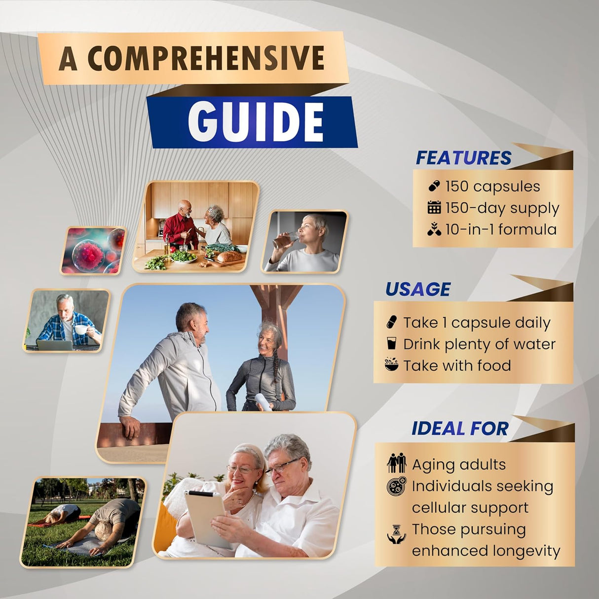 Suplemento NAD+ Resveratrol 10 en 1 - 150 cápsulas USA