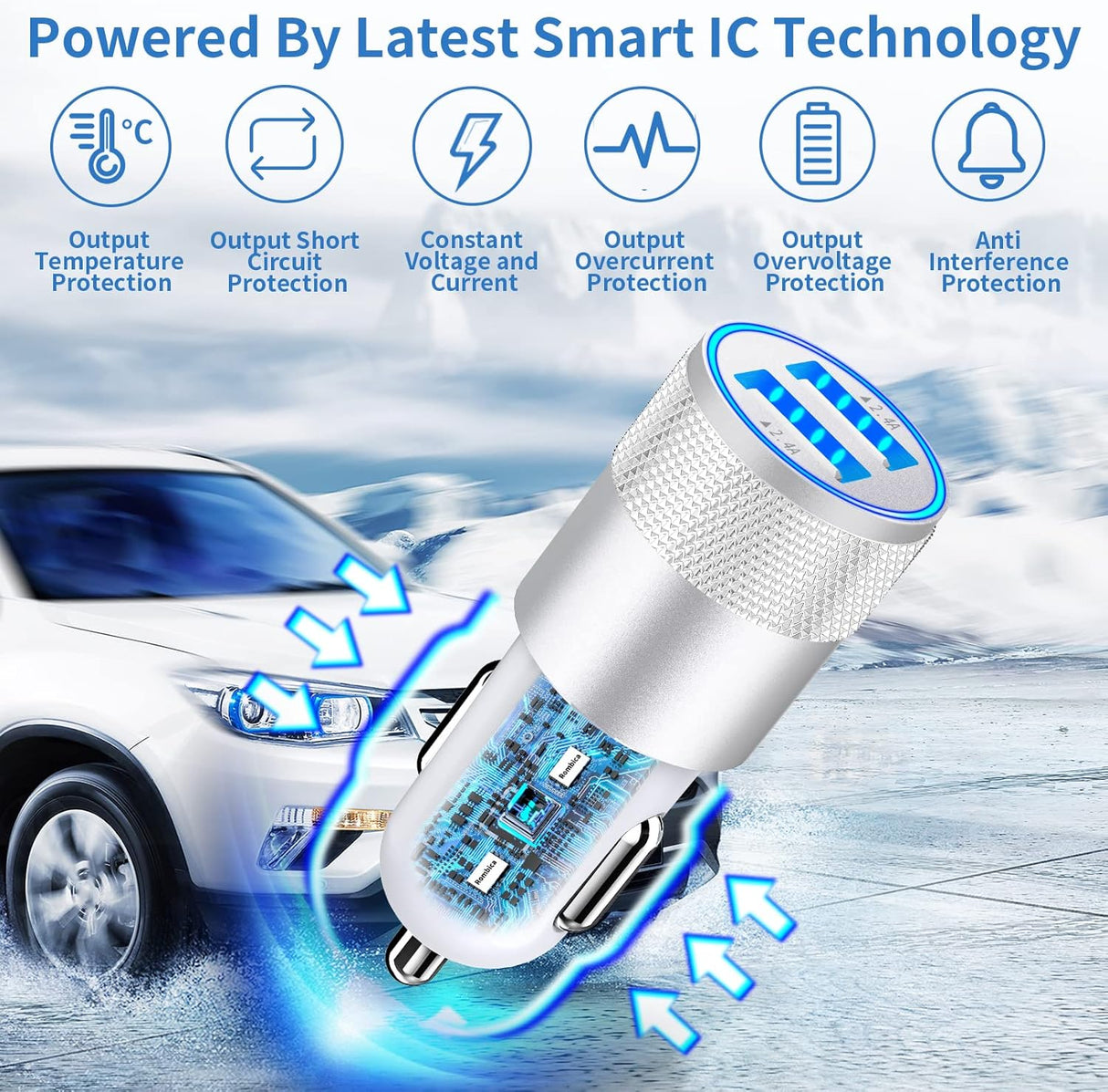 Cargador de coche Rombica 4.8A USB con cables para iPhone 14/13