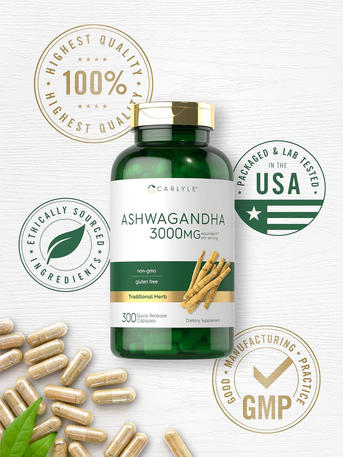 Suplemento de Ashwagandha 3000mg Carlyle, 300 cápsulas, No GMO
